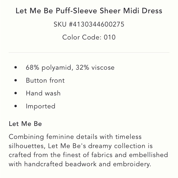 NWT Let Me Be (Anthropologie) puff-sleeved sheer midi dress - Picture 5 of 5